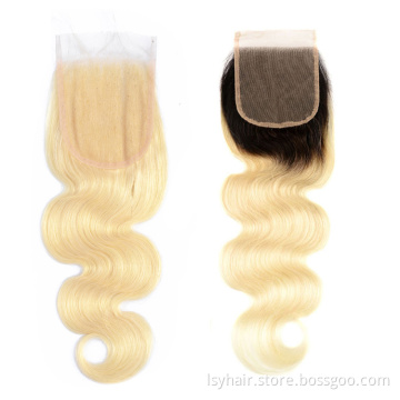 Virgin Hair Blonde 613 Brazilian Body Wave Human Hair Closure 4*4, 1B 613 Lace Closure Free Part Pre Plucked With Baby Hair